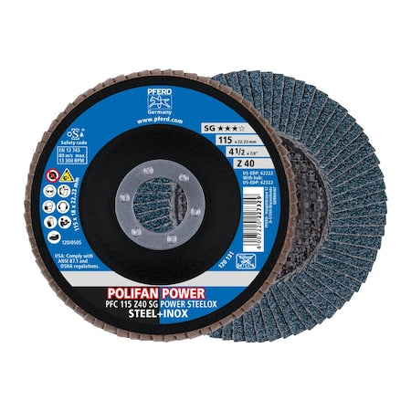 4-1/2" x 7/8" A.H. POLIFAN Flap Disc - Z SG POWER STEELOX, Zirconia, 40 Grit, Conical