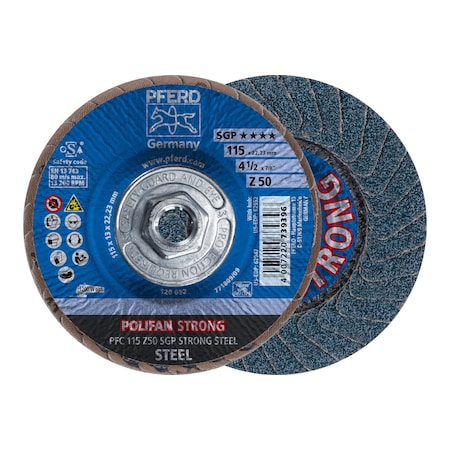 4-1/2" x 5/8-11 Thd. POLIFAN Flap Disc - Z SGP STRONG STEEL, Zirconia, 50 Grit, Conical