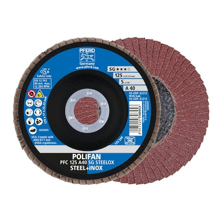5" x 7/8" A.H. POLIFAN Flap Disc - A SG STEELOX, Aluminum oxide, 40 Grit, Conical