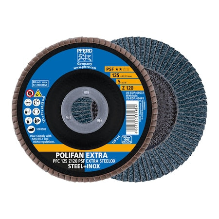 5" x 7/8" A.H. POLIFAN Flap Disc - Z PSF EXTRA STEELOX, Zirconia, 120 Grit, Conical