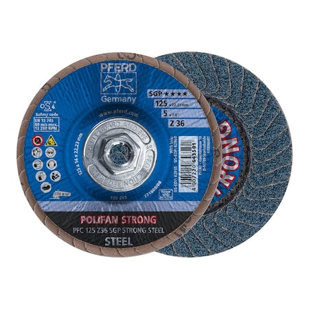 5" x 5/8-11 Thd. POLIFAN Flap Disc - Z SGP STRONG STEEL, Zirconia, 36 Grit, Conical