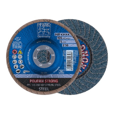 5" x 7/8" A.H. POLIFAN Flap Disc - Z SGP STRONG STEEL, Zirconia, 50 Grit, Conical
