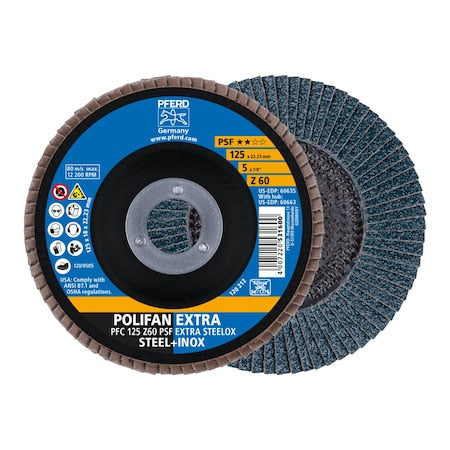 5" x 7/8" A.H. POLIFAN Flap Disc - Z PSF EXTRA STEELOX, Zirconia, 60 Grit, Conical