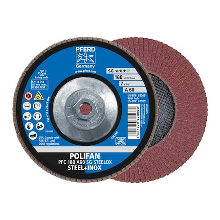7" x 5/8-11 Thd. POLIFAN Flap Disc - A SG STEELOX, Aluminum oxide, 60 Grit, Conical