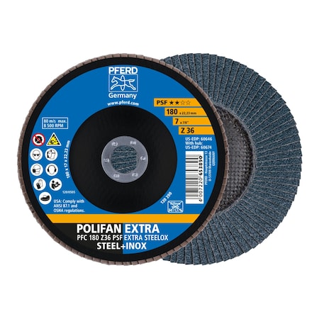 7" x 7/8" A.H. POLIFAN Flap Disc - Z PSF EXTRA STEELOX, Zirconia, 36 Grit, Conical