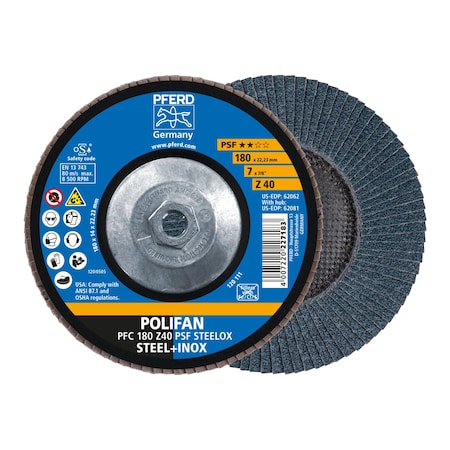 7" x 5/8-11 Thd. POLIFAN Flap Disc - Z PSF STEELOX, Zirconia, 40 Grit, Conical