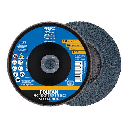 7" x 7/8" A.H. POLIFAN Flap Disc - Z PSF STEELOX, Zirconia, 40 Grit, Conical