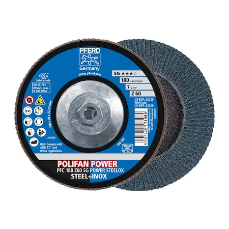 7" x 5/8-11 Thd. POLIFAN Flap Disc - Z SG POWER STEELOX, Zirconia, 60 Grit, Conical