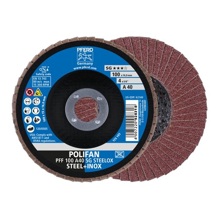 4 x 5/8" A.H. POLIFAN Flap Disc - A SG STEELOX, Aluminum oxide, 40 Grit, Flat
