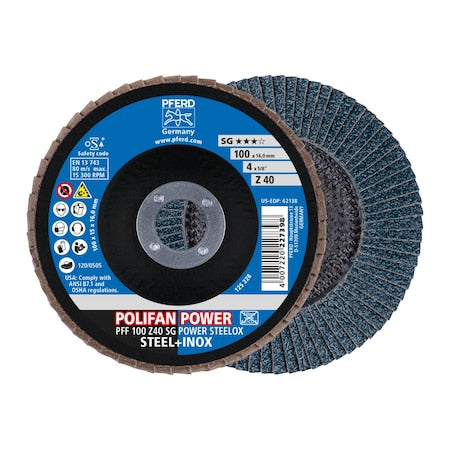 4" x 5/8" A.H. POLIFAN Flap Disc - Z SG POWER STEELOX, Zirconia, 40 Grit, Flat