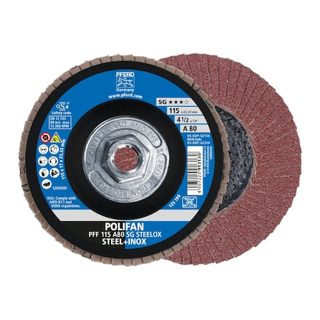 4-1/2" x 5/8-11 Thd. POLIFAN Flap Disc - A SG STEELOX, Aluminum oxide, 80 Grit, Flat