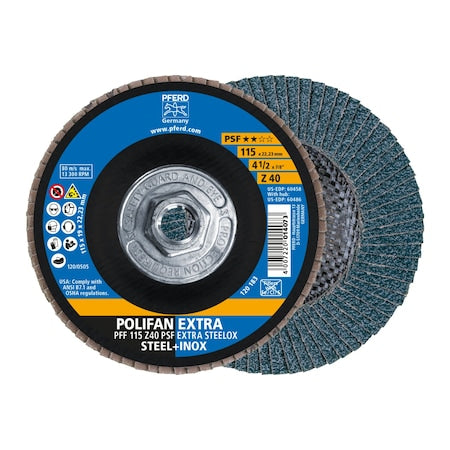 4-1/2" x 5/8-11 Thd. POLIFAN Flap Disc - Z PSF EXTRA STEELOX, Zirconia, 40 Grit, Flat