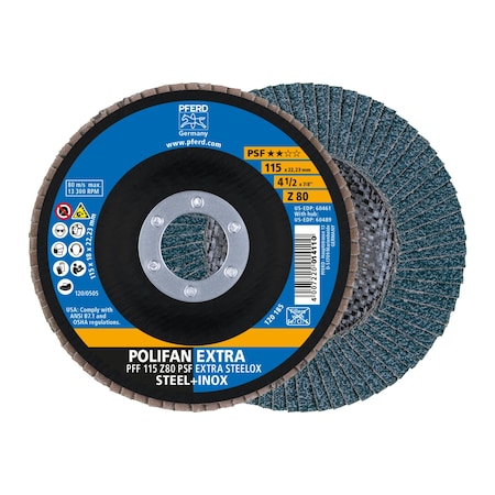 4-1/2" x 7/8" A.H. POLIFAN Flap Disc - Z PSF EXTRA STEELOX, Zirconia, 80 Grit, Flat