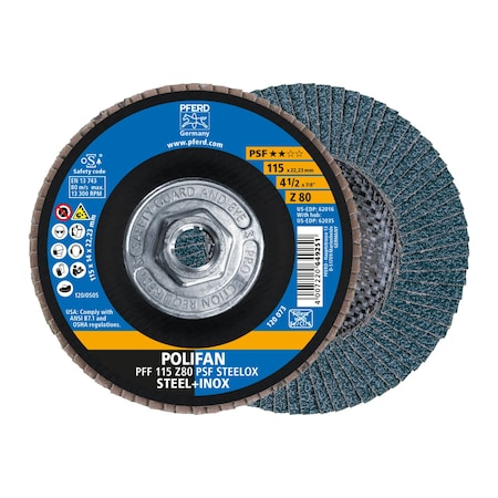 4-1/2" x 5/8-11 Thd. POLIFAN Flap Disc - Z PSF STEELOX, Zirconia, 80 Grit, Flat
