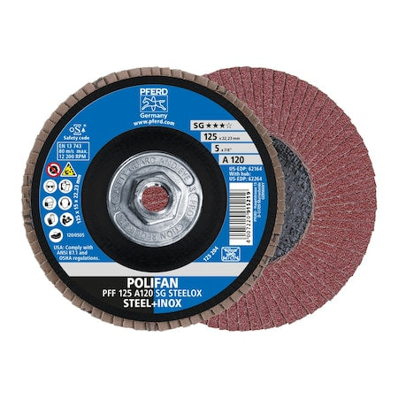 5" x 5/8-11 Thd. POLIFAN Flap Disc - A SG STEELOX, Aluminum oxide, 120 Grit, Flat