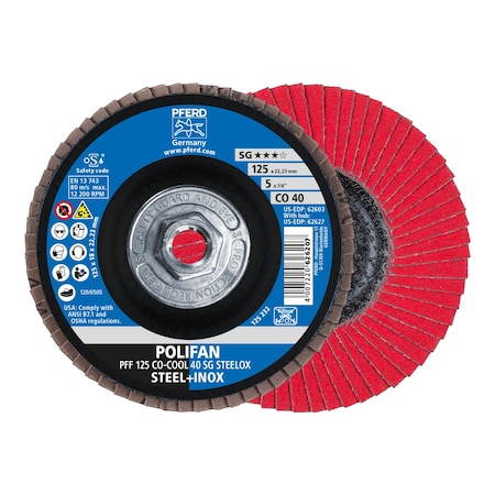 5" x 5/8-11 Thd. POLIFAN Flap Disc - CO-COOL SG STEELOX, Ceramic oxide, 40 Grit, Flat