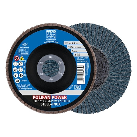 5" x 7/8" A.H. POLIFAN Flap Disc - Z SG POWER STEELOX, Zirconia, 36 Grit, Flat