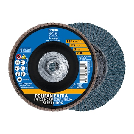 5" x 5/8-11 Thd. POLIFAN Flap Disc - Z PSF EXTRA STEELOX, Zirconia, 40 Grit, Flat