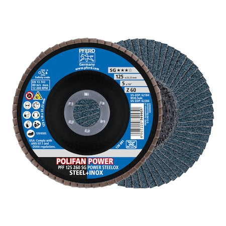 5" x 7/8" A.H. POLIFAN Flap Disc - Z SG POWER STEELOX, Zirconia, 60 Grit, Flat