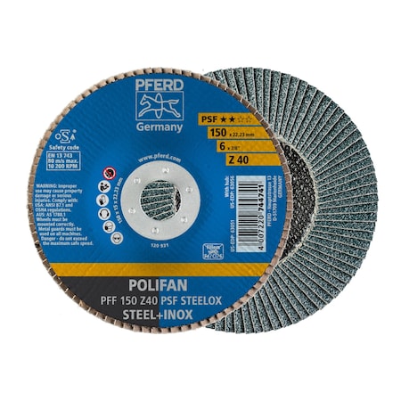 6" x 7/8" A.H. POLIFAN Flap Disc - Z PSF STEELOX, Zirconia, 40 Grit, Flat