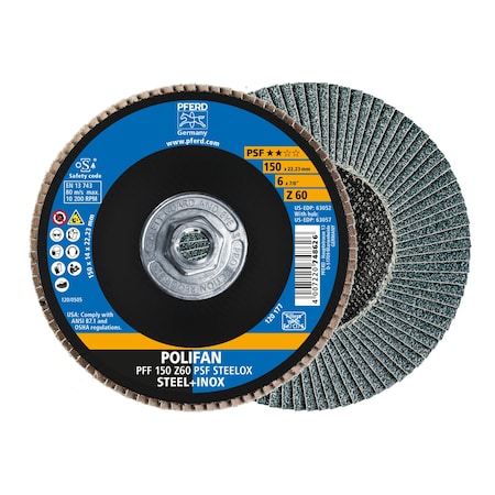 6" x 5/8-11 Thd. POLIFAN Flap Disc - Z PSF STEELOX, Zirconia, 60 Grit, Flat