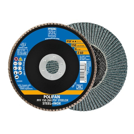6" x 7/8" A.H. POLIFAN Flap Disc - Z PSF STEELOX, Zirconia, 60 Grit, Flat
