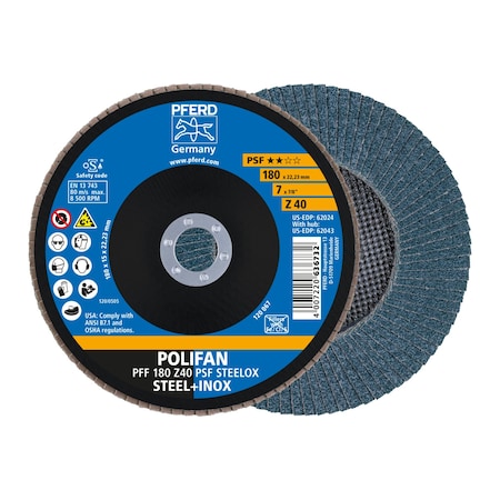 7" x 7/8" A.H. POLIFAN Flap Disc - Z PSF STEELOX, Zirconia, 40 Grit, Flat