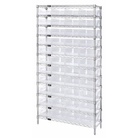 Steel Wire Bin Shelving, 36" W x 74" H x 12" D, 12 Shelves, Silver