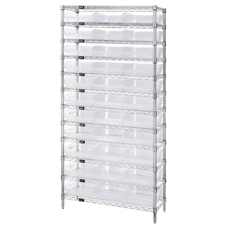 Steel Wire Bin Shelving, 36" W x 74" H x 12" D, 12 Shelves, Silver