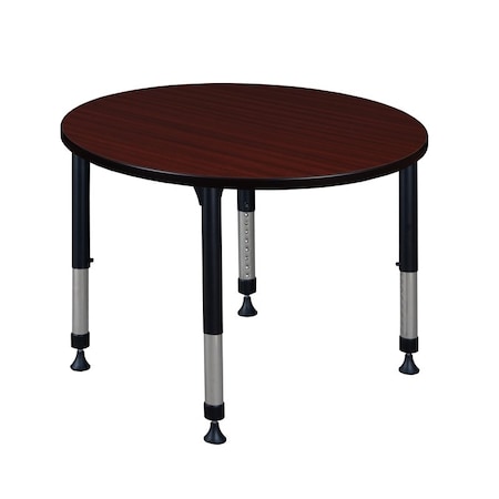 Round Classroom Tables, 36 W, 36 L, 23-34 H, Wood, Metal, Mahogany