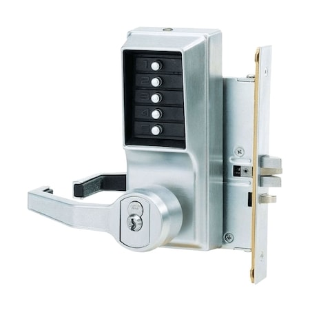 Mortise Combination Lever Lock, Key Override, Passage, Lockout, Less Core, Satin Chrome