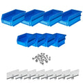 Hanging Bins and Bin Clip Kit, Polypropylene, Blue, (4) Small and (4) Large