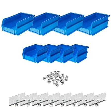 Hanging Bins and Bin Clip Kit, Polypropylene, Blue, (4) Small and (4) Large
