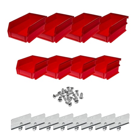 Hanging Bins and Bin Clip Kit, Polypropylene, Red, (4) Small and (4) Large