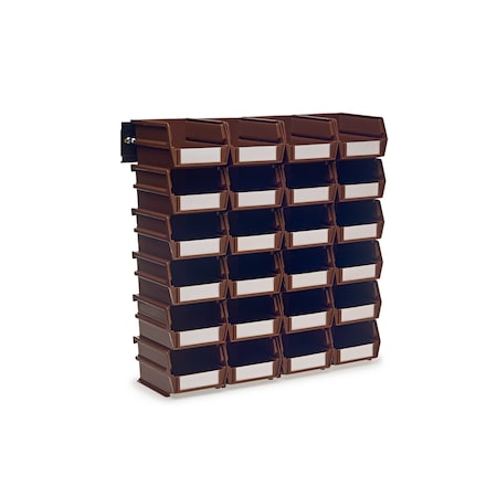 Wall Storage Unit W/ (24) 5-3/8" L x 4-1/8" W x 3" H Brown Poly Bins & Wall Mount Rails