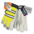 Hi-Vis Cold Protection Mechanics Gloves, Grain Goatskin Palm, Hook-and-Loop Cuff, Black/Lime/White