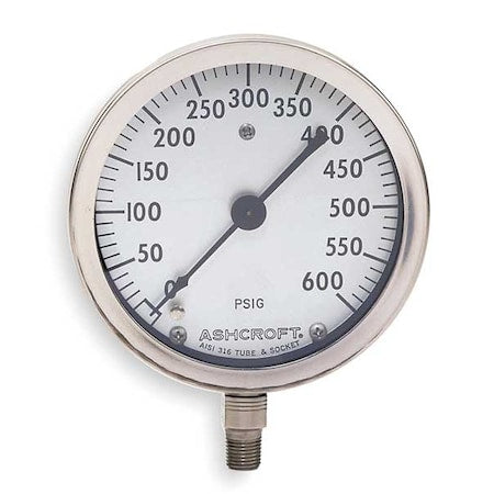Industrial Pressure Gauge, 0 to 600 psi, 4 1/2 in Dial, 1/4 in NPT, Bottom Location