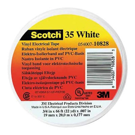 ElectricalTape, Wht, 6-5/8ydL, 1/2inW, PK100