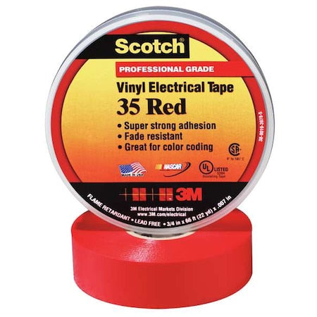 ElectricalTape, Red, 6-5/8ydL, 1/2inW, PK100