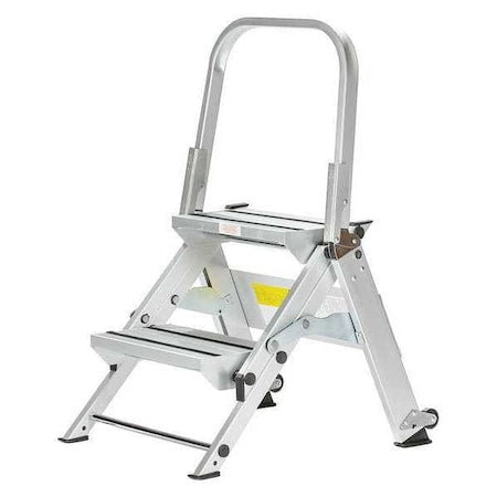 Utility Step Stool, 2 Steps, 375 lb Load Capacity, 34 in Overall Height, Aluminum, Silver