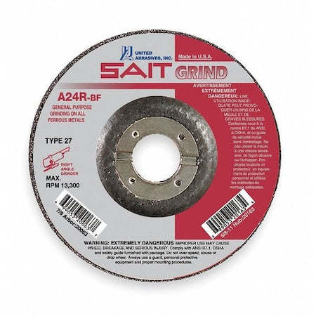 Depressed Center Grinding Wheel, Type 27, 5 in Dia, 0.25 in Thick, 7/8 in Arbor Hole Size, 24 Grit