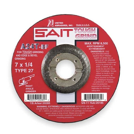Depressed Center Grinding Wheel, Type 27, 7 in Dia, 0.25 in Thick, 7/8 in Arbor Hole Size, 24 Grit