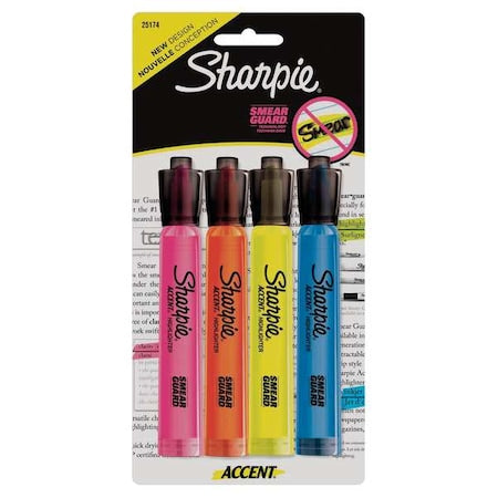 Smear Guard Highlighter Set, Chisel Tip Fluorescent Colors PK4