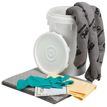 Spill Kit, 9 gal Volume Absorbed per Kit, 6 1/2 gal Capacity, Bucket, White