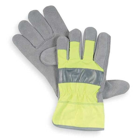 Leather Gloves, Cowhide, Safety Cuff, Wing Thumb, Full Finger, High-Visibility Green, S, 1 PR