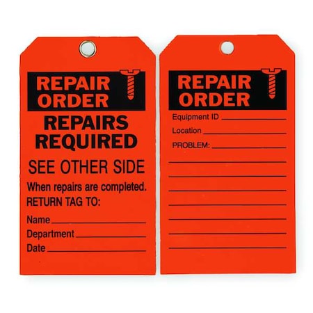 Tag, Repair, Polyester, 7 in H x 4 in W, Orange, Rectangle, 10 PK