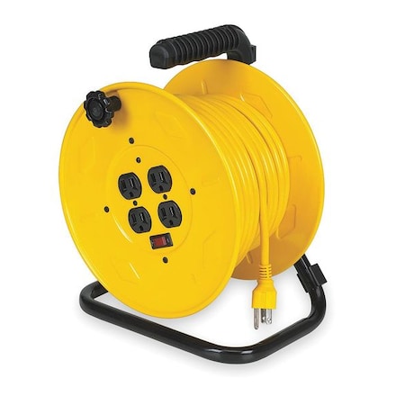 Cord Reel w/ Hand Lamp, Hand Operated, NEMA 5-15P, 14 AWG, Yellow Reel, 80 ft L (Formerly LumaPro)