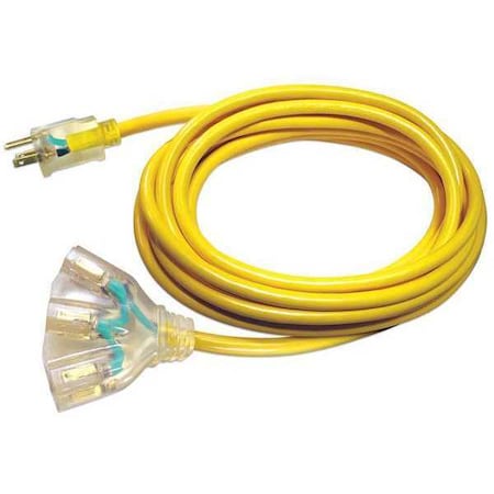 SJTW Extension Cord, 14 AWG, Outdoor, 14/3, 3 Outlets, 5-15R, Yellow, PVC, 5-15P, 50 ft