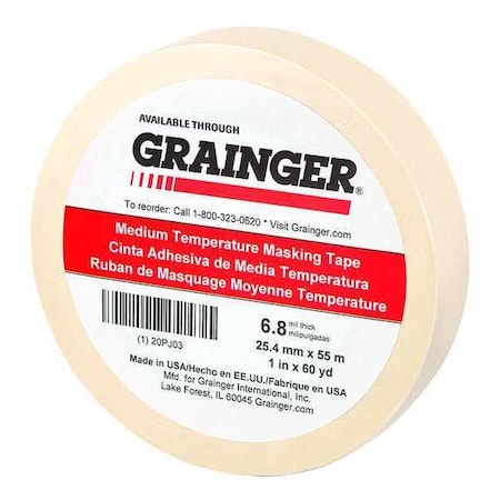 Painter's Tape, 1 in W x 60 yd L, 6.8 mil Thick, Tan, Rubber Adhesive