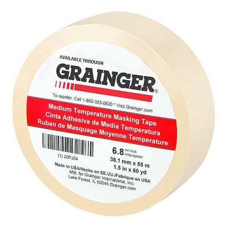 Painter's Tape, 1 1/2 in W x 60 yd L, 6.8 mil Thick, Tan, Rubber Adhesive